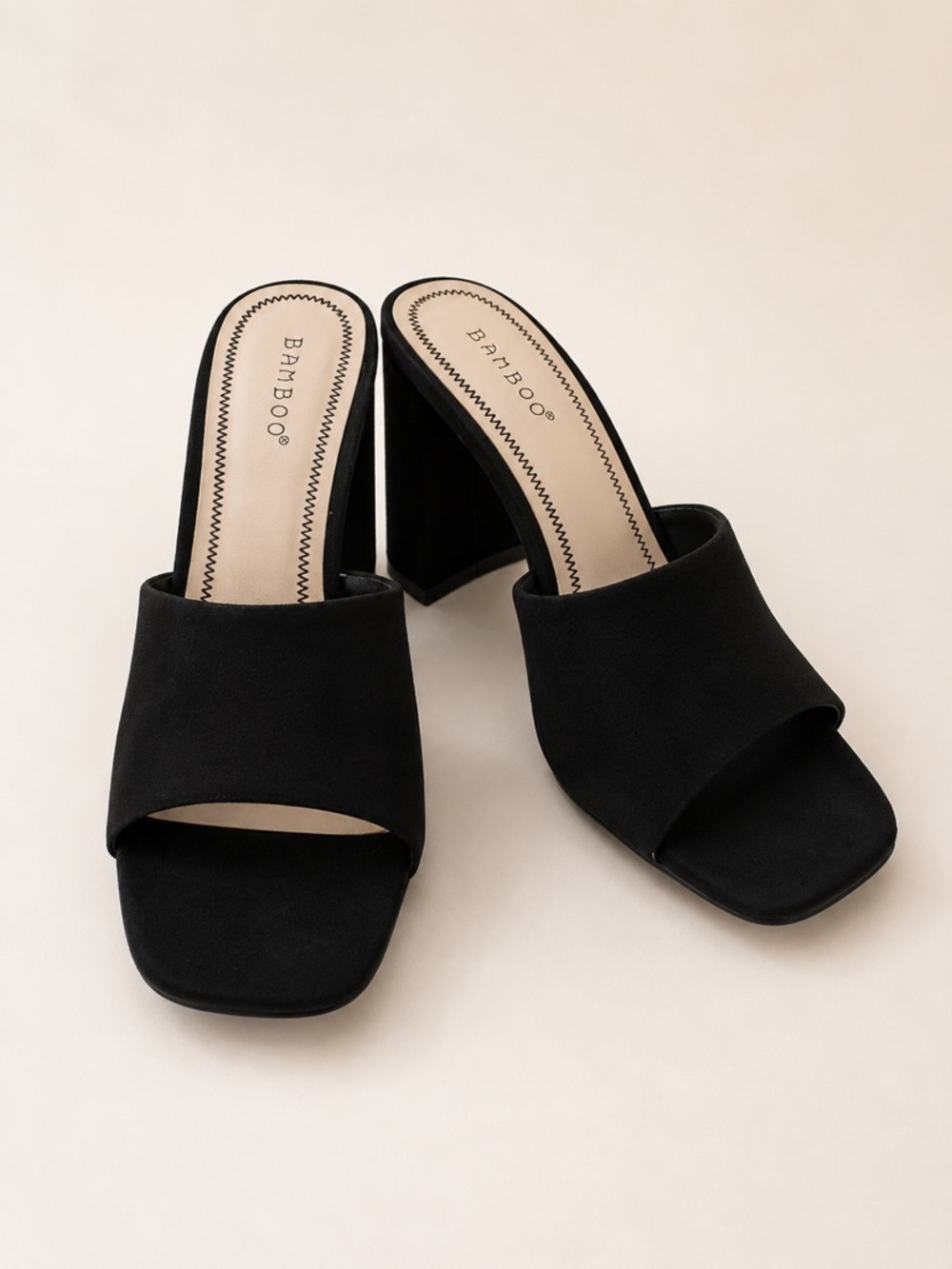 BAMBOO Black Square Toe Block Heel Mules